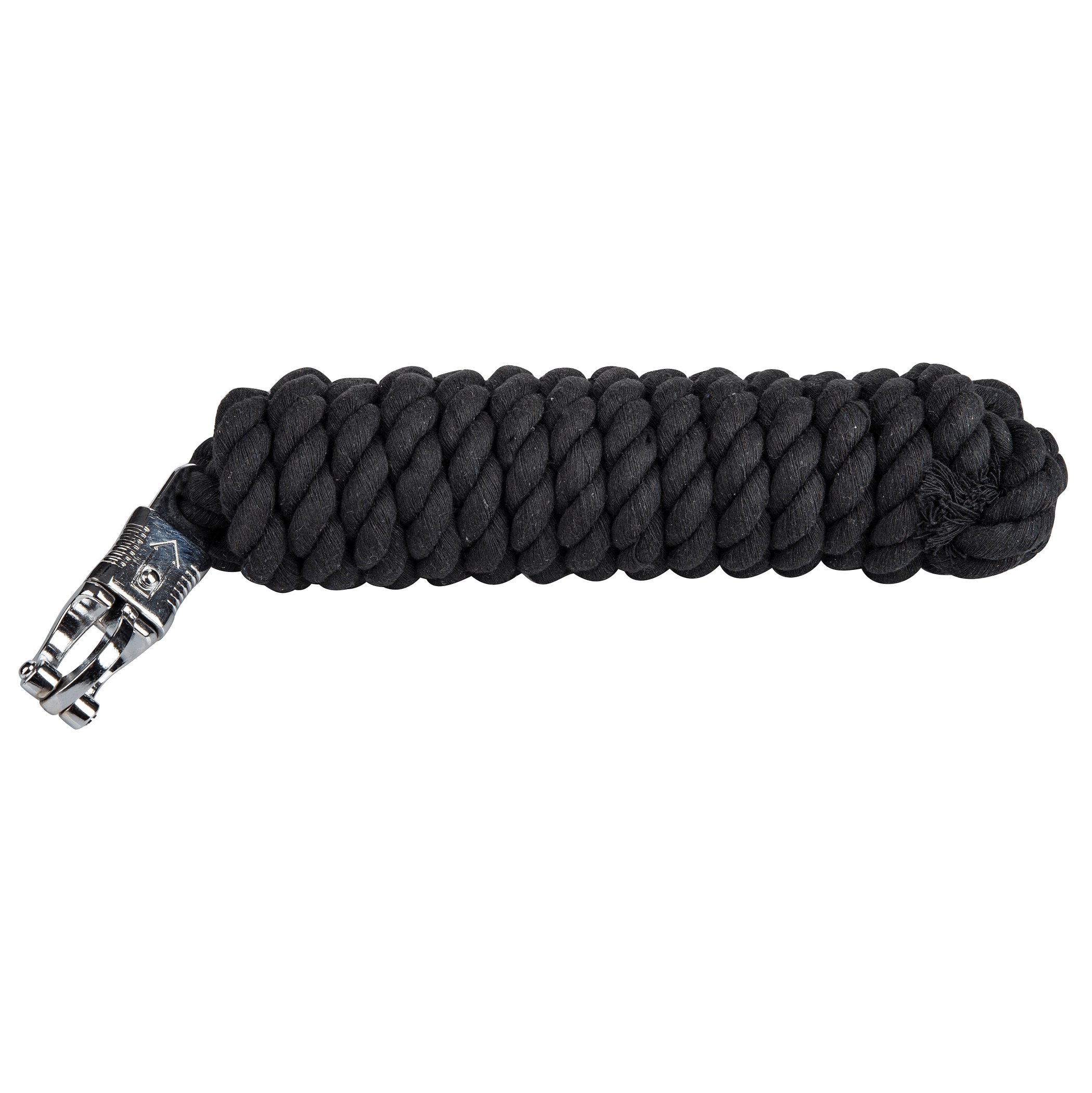 Black braided rope with metal clasp on a white background