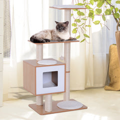 Cat lounging on a wooden cat tree with white accents in a bright room.