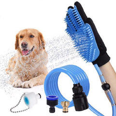 Dog grooming tool set with hose, nozzle, and glove on a white background