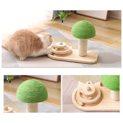 Cat playing with a green and wooden cat toy on a wooden floor.