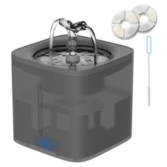 Gray pet water fountain with filters and cleaning tool on a white background