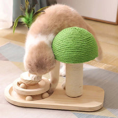 Cat playing with a green and wooden cat toy on a wooden floor.