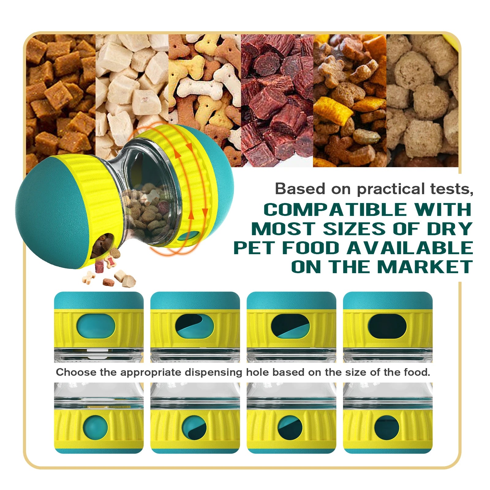 Pet food dispenser with various types of pet food displayed above it.