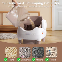 Cat litter disposal system with text indicating suitability for various types of cat litter.