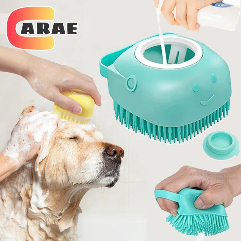 Pet grooming tool with a dog being bathed, featuring the brand 'Carae'.