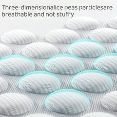 Three-dimensional pea particles on a mesh background with text about breathability.