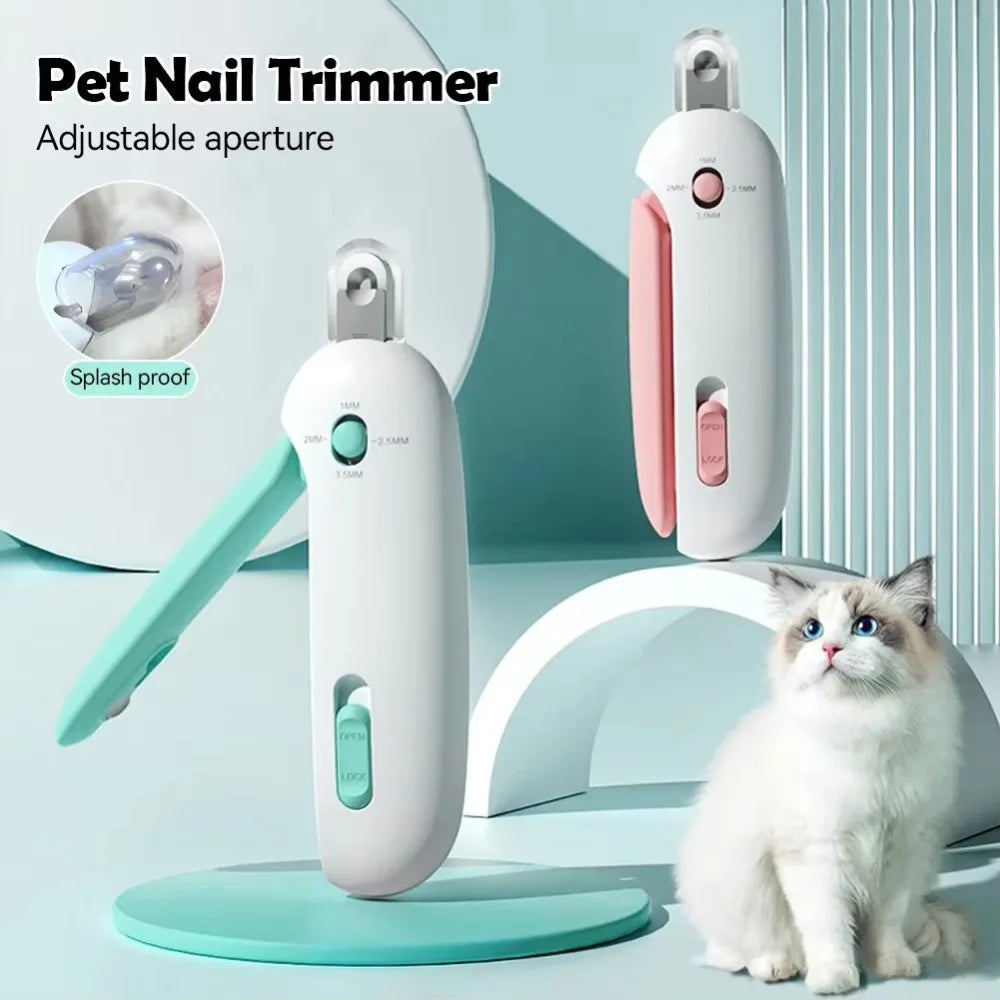 Pet nail trimmer with adjustable aperture and splash proof feature, shown with a cat on a light blue background.
