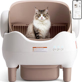 Cat sitting inside a modern pet carrier with a smartphone app displayed on the screen.