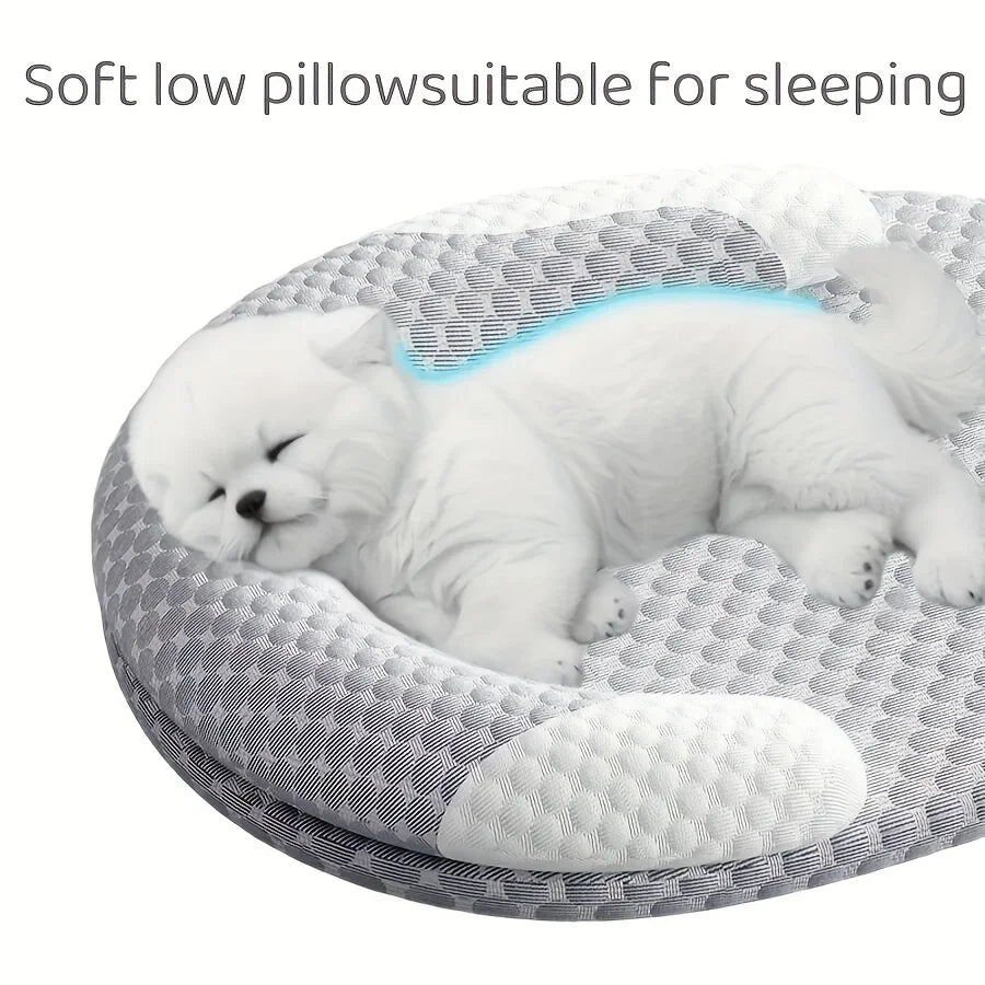 Dog lying on a soft, low pillow suitable for sleeping with text above.