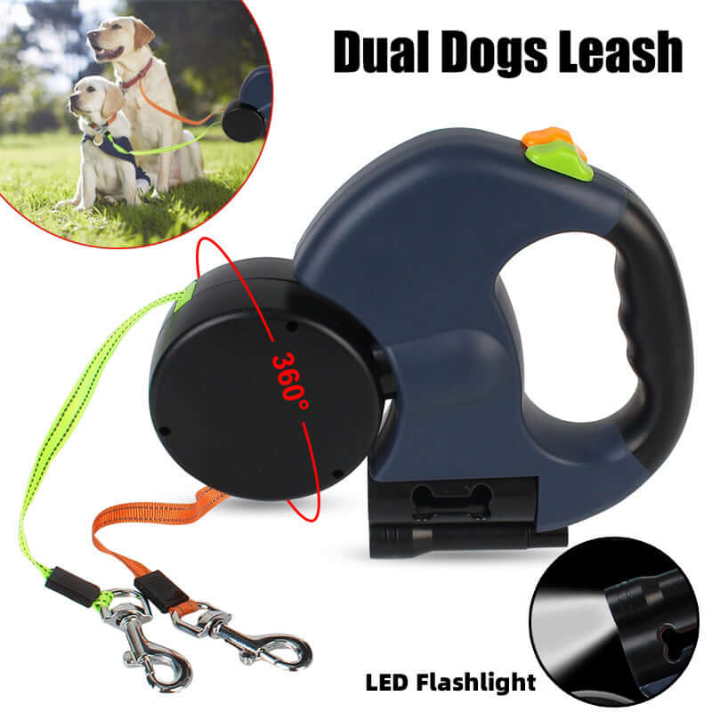 Retractable dog leash with LED flashlight feature, shown with two dogs on a grassy field.