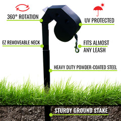 Black dog leash holder with grass and ground stake at the bottom