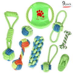 Assorted dog toys including ropes and balls with a 'Pet Toys' label on a white background.