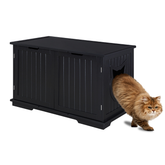 Black pet crate with a cat peeking out on a white background