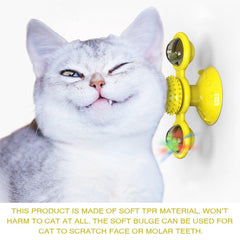 Cat playing with a yellow toy, with text about the product's material and safety.