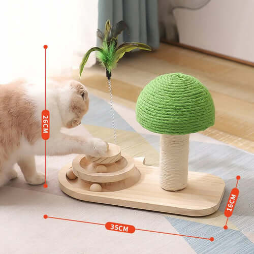 Cat playing with a green and wooden cat toy on a wooden floor.