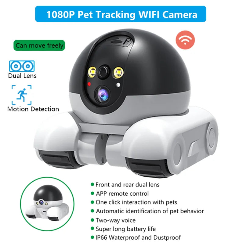 Pet tracking WiFi camera with dual lenses and motion detection features on a white background