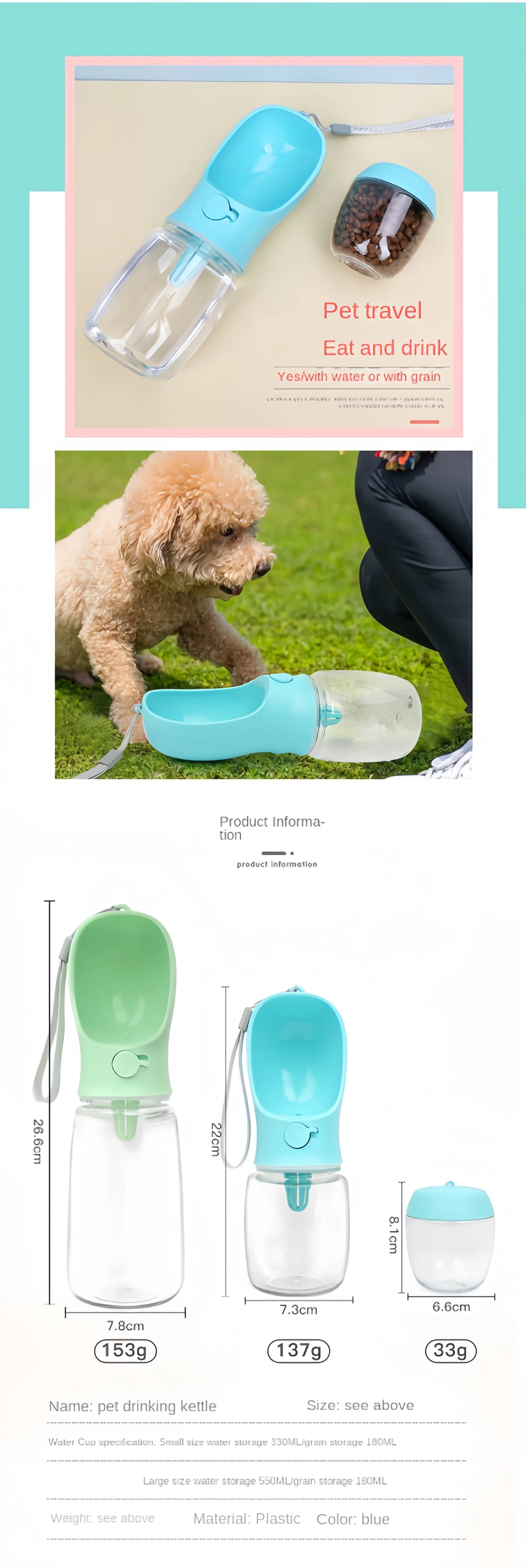 Portable Pet Water Bottle with Food Dispenser – Food Grade Material, Dog & Cat Travel Water Cup for Puppies