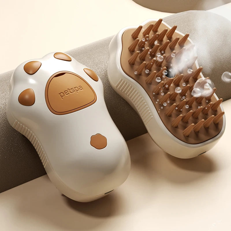 Pet grooming tool with a paw design and bristle brush on a beige background