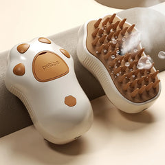 Pet grooming tool with a paw design and bristle brush on a beige background