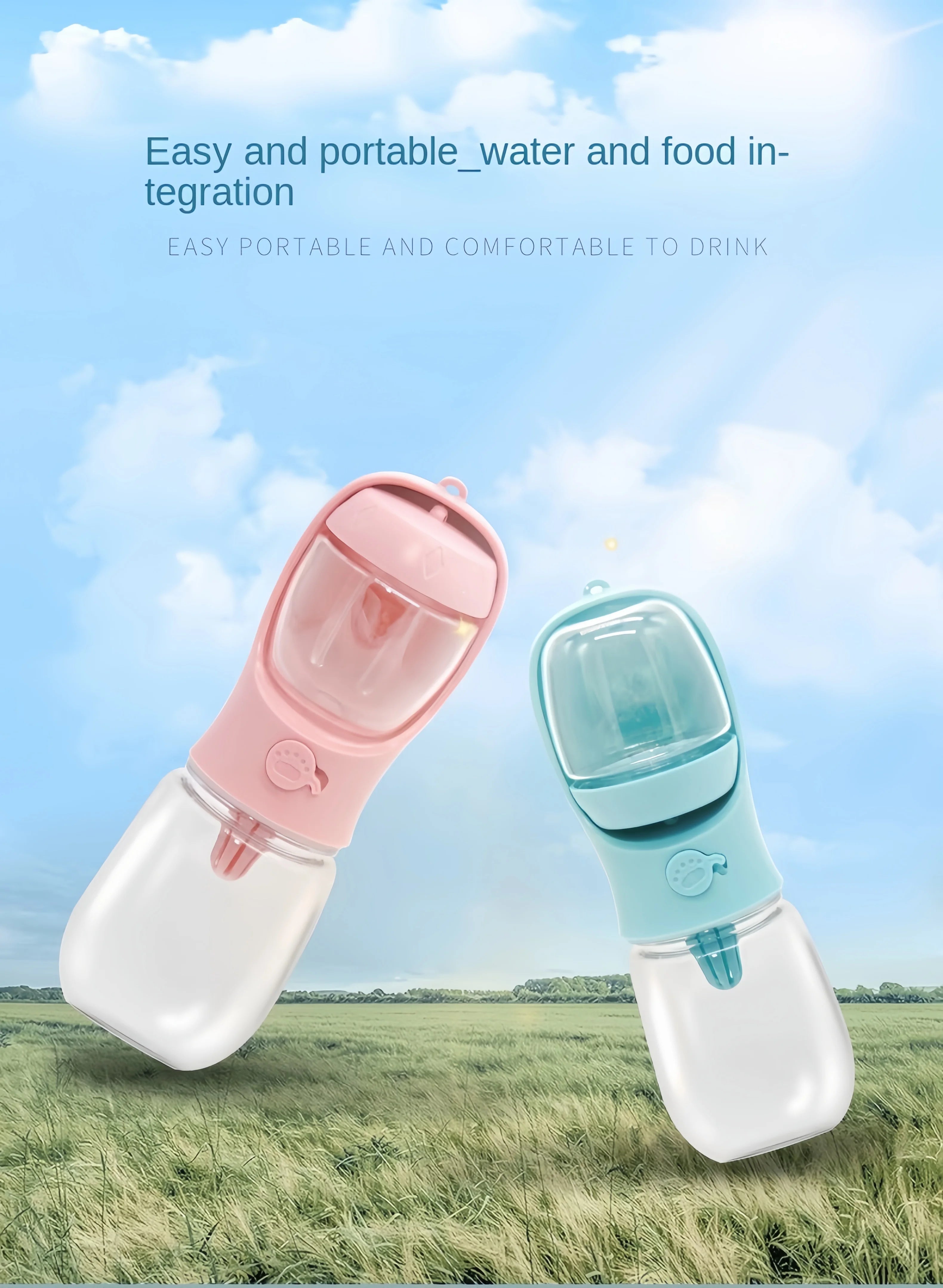 Portable Pet Water Bottle with Food Dispenser – Food Grade Material, Dog & Cat Travel Water Cup for Puppies