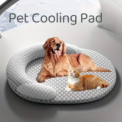 Pet cooling pad with a dog and cat lying on it, labeled 'Pet Cooling Pad'.