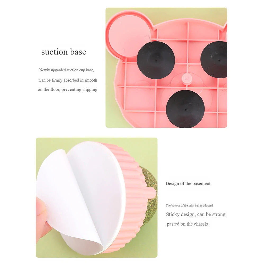 Pink suction cup base with black circular pads on a green background