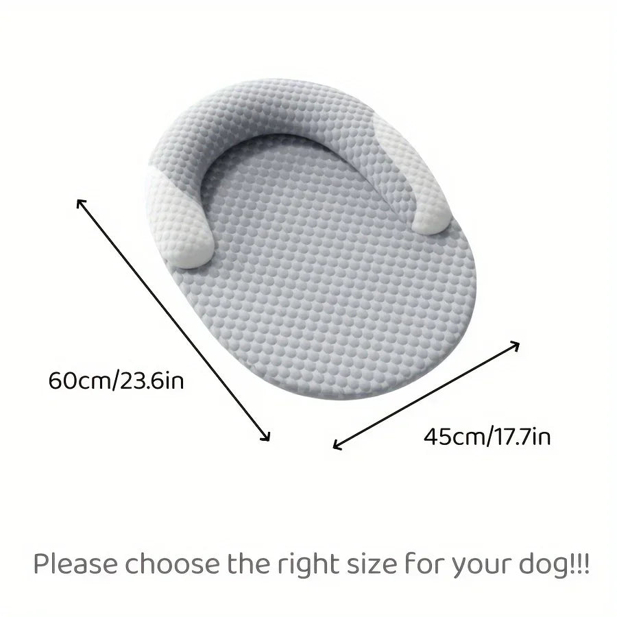 Gray pet bed with dimensions labeled on a white background