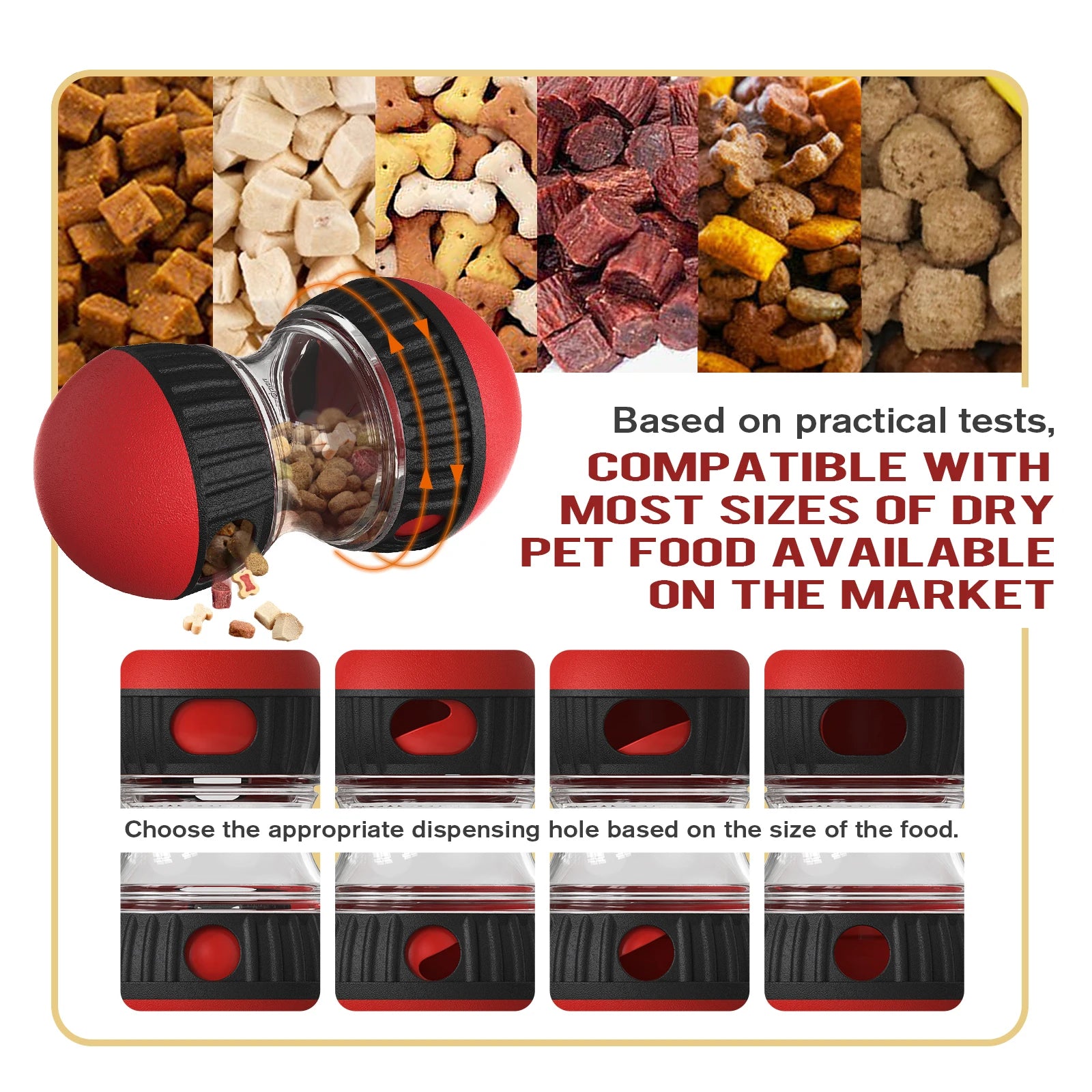 Pet food dispenser with various types of pet food and compatibility information.