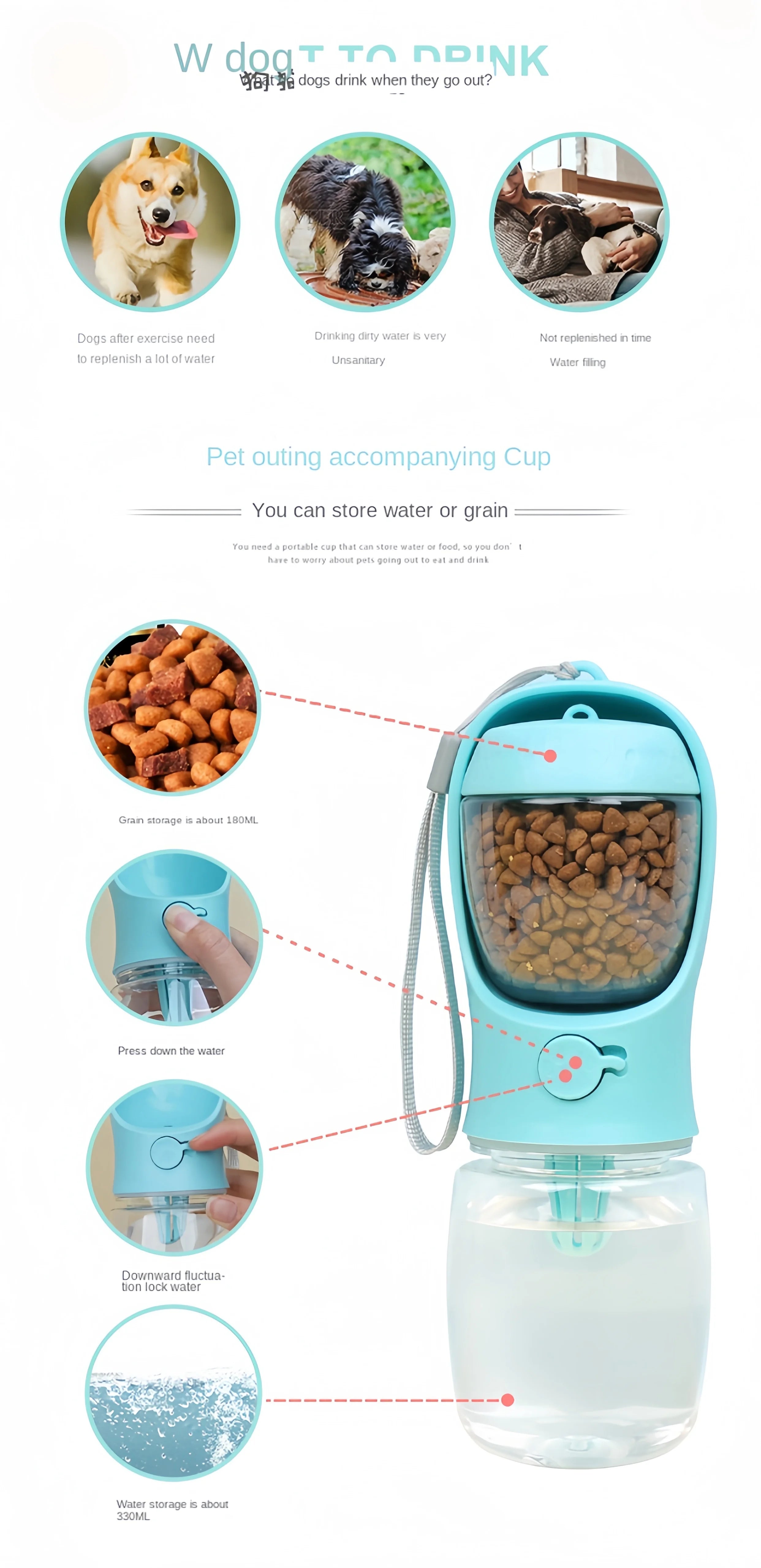 Portable Pet Water Bottle with Food Dispenser – Food Grade Material, Dog & Cat Travel Water Cup for Puppies
