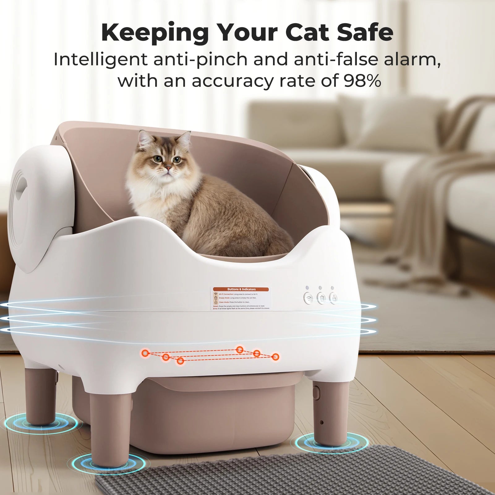 Cat in a safety device with text about its features in a living room setting