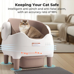 Cat in a safety device with text about its features in a living room setting