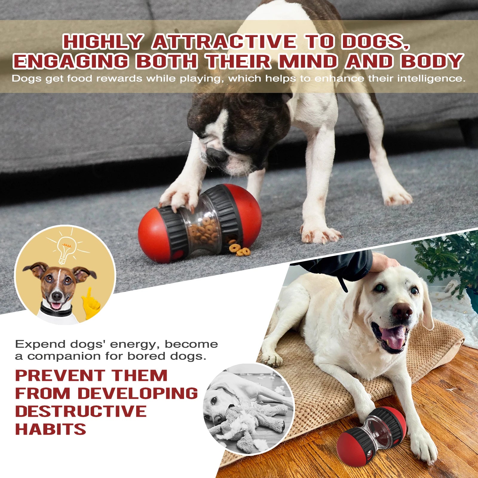 Dog playing with a toy that dispenses treats, with text highlighting benefits for dogs' mind and body.