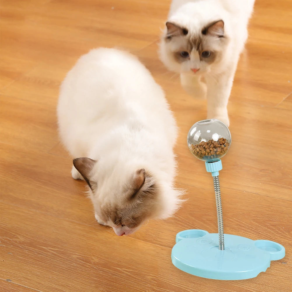 Two cats interacting with a blue pet toy on a wooden floor.
