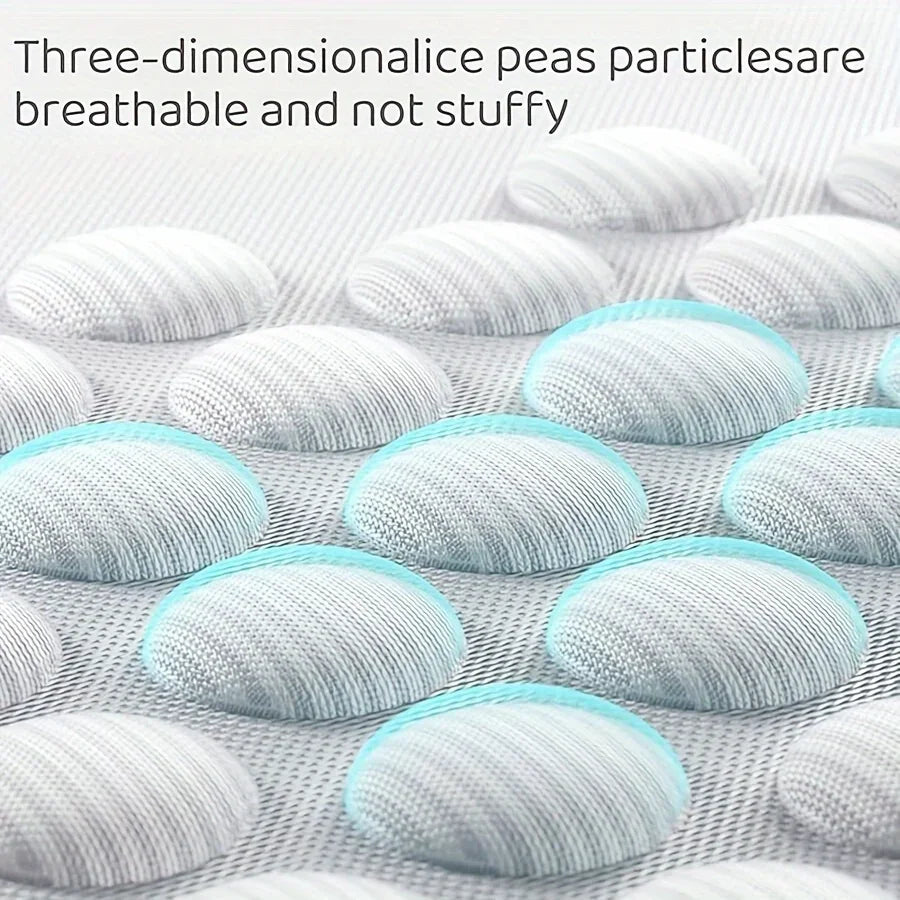 Three-dimensional pea particles on a mesh background with text about breathability.