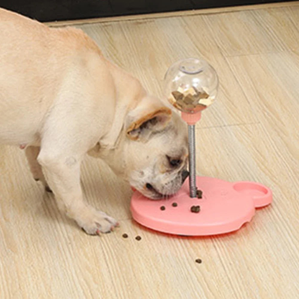 Dog interacting with a pink pet toy on a wooden floor